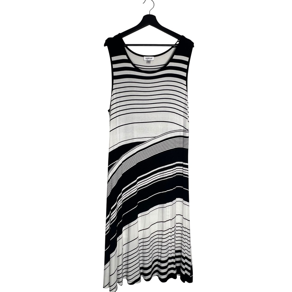 Avenue Womens Plus 18/20 Black White Striped Sleeveless Viscose Midi Tank Dress